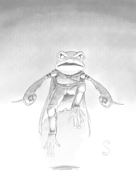an uplit digital sketch of an assassin frog character leaping with his blades drawn