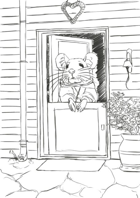a digital sketch of a mouse character opening the top part of his door to look out at his visitor