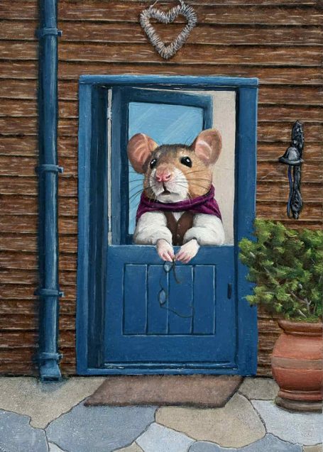 Martin Pentale Welcomes You mouse character looking out his open door holding his glasses. this is another character from the Hollows Glen series