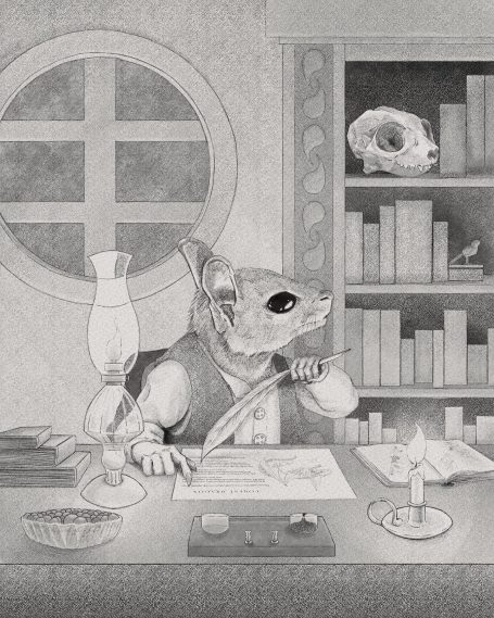 Martin Pentale is an anthropomorphic  mouse character sitting in his writing room scribing about the many creatures of the land