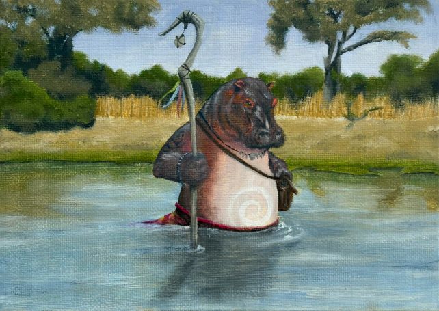 hippo witch doctor wading through a river in Africa as he searches for items for his next spell