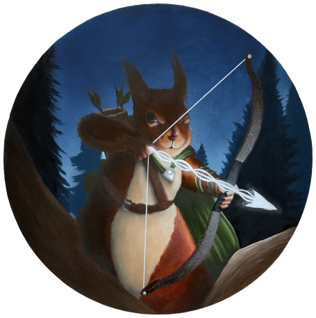 Comyn the Feorag Archer Red squirrel magical archer in the trees pointing her glowing bow at her prey bellow. Painted in the style of MTG